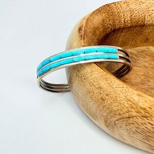 Anselm Wallace Zuni Blue Turquoise Sterling Silver Inlay Cuff Southwest Bracelet